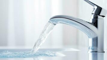 Water flowing from the faucet into the sink in the bathroom, close up. Space for text. Generative AI photo