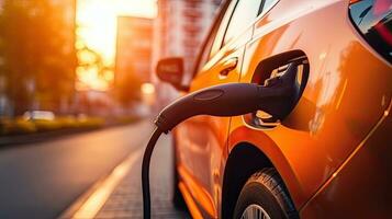 EV charging station for electric car in concept of green energy produced from sustainable source to supply to charger station in order to reduce CO2 emission. Generative AI photo