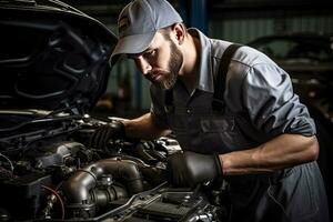 profesional mecánico trabajando en auto reparar tienda. coche Servicio y mantenimiento concepto generativo ai foto