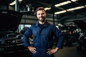 profesional mecánico trabajando en auto reparar tienda. coche Servicio y mantenimiento concepto generativo ai foto