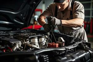 profesional mecánico trabajando en auto reparar tienda. coche Servicio y mantenimiento concepto generativo ai foto