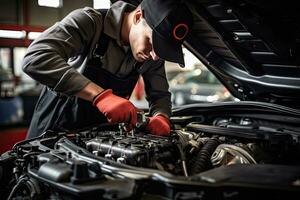 Professional mechanic working in auto repair shop. Car service and maintenance concep. Generative AI photo