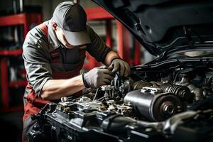 Professional mechanic working in auto repair shop. Car service and maintenance concep. Generative AI photo