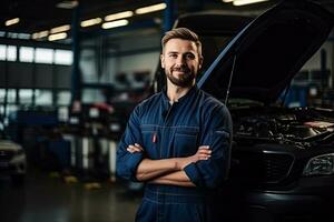 profesional mecánico trabajando en auto reparar tienda. coche Servicio y mantenimiento concepto generativo ai foto
