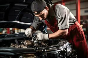 profesional mecánico trabajando en auto reparar tienda. coche Servicio y mantenimiento concepto generativo ai foto