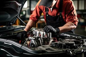 profesional mecánico trabajando en auto reparar tienda. coche Servicio y mantenimiento concepto generativo ai foto