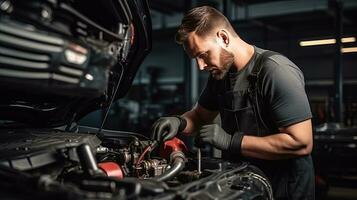 profesional mecánico trabajando en auto reparar tienda. coche Servicio y mantenimiento concepto generativo ai foto