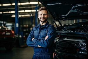 profesional mecánico trabajando en auto reparar tienda. coche Servicio y mantenimiento concepto generativo ai foto