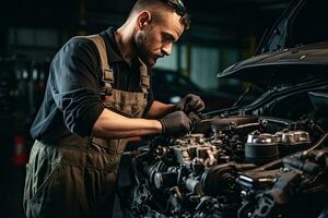 Professional mechanic working in auto repair shop. Car service and maintenance concep. Generative AI photo