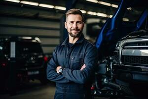 profesional mecánico trabajando en auto reparar tienda. coche Servicio y mantenimiento concepto generativo ai foto