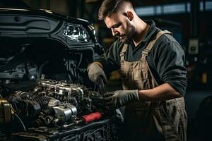 profesional mecánico trabajando en auto reparar tienda. coche Servicio y mantenimiento concepto generativo ai foto