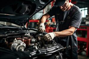 profesional mecánico trabajando en auto reparar tienda. coche Servicio y mantenimiento concepto generativo ai foto