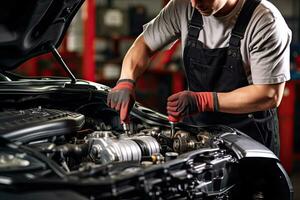 profesional mecánico trabajando en auto reparar tienda. coche Servicio y mantenimiento concepto generativo ai foto