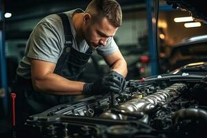 Professional mechanic working in auto repair shop. Car service and maintenance concep. Generative AI photo