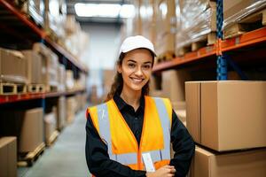 Smiling warehouse worker holding boxes in warehouse. This is a freight transportation and distribution warehouse. Industrial and industrial workers concept. Generative AI photo