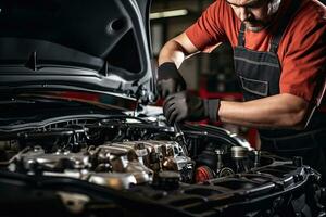 Professional mechanic working in auto repair shop. Car service and maintenance concep. Generative AI photo