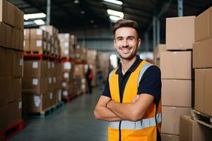 Smiling warehouse worker holding boxes in warehouse. This is a freight transportation and distribution warehouse. Industrial and industrial workers concept. Generative AI photo