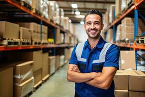 Smiling warehouse worker holding boxes in warehouse. This is a freight transportation and distribution warehouse. Industrial and industrial workers concept. Generative AI photo