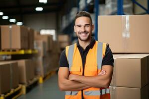 Smiling warehouse worker holding boxes in warehouse. This is a freight transportation and distribution warehouse. Industrial and industrial workers concept. Generative AI photo