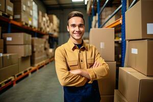 Smiling warehouse worker holding boxes in warehouse. This is a freight transportation and distribution warehouse. Industrial and industrial workers concept. Generative AI photo