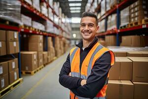 Smiling warehouse worker holding boxes in warehouse. This is a freight transportation and distribution warehouse. Industrial and industrial workers concept. Generative AI photo