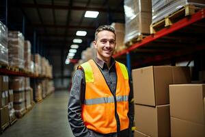 Smiling warehouse worker holding boxes in warehouse. This is a freight transportation and distribution warehouse. Industrial and industrial workers concept. Generative AI photo