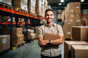 Smiling warehouse worker holding boxes in warehouse. This is a freight transportation and distribution warehouse. Industrial and industrial workers concept. Generative AI photo