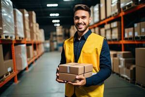 Smiling warehouse worker holding boxes in warehouse. This is a freight transportation and distribution warehouse. Industrial and industrial workers concept. Generative AI photo