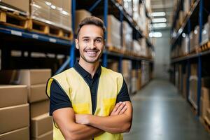 Smiling warehouse worker holding boxes in warehouse. This is a freight transportation and distribution warehouse. Industrial and industrial workers concept. Generative AI photo
