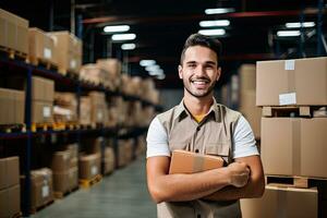 Smiling warehouse worker holding boxes in warehouse. This is a freight transportation and distribution warehouse. Industrial and industrial workers concept. Generative AI photo