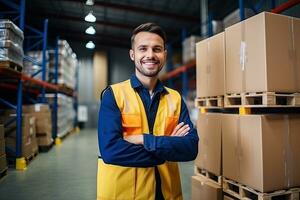 Smiling warehouse worker holding boxes in warehouse. This is a freight transportation and distribution warehouse. Industrial and industrial workers concept. Generative AI photo