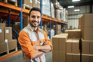 Smiling warehouse worker holding boxes in warehouse. This is a freight transportation and distribution warehouse. Industrial and industrial workers concept. Generative AI photo