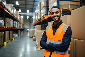 Smiling warehouse worker holding boxes in warehouse. This is a freight transportation and distribution warehouse. Industrial and industrial workers concept. Generative AI photo