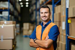 Smiling warehouse worker holding boxes in warehouse. This is a freight transportation and distribution warehouse. Industrial and industrial workers concept. Generative AI photo