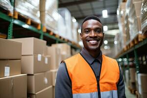 Smiling warehouse worker holding boxes in warehouse. This is a freight transportation and distribution warehouse. Industrial and industrial workers concept. Generative AI photo