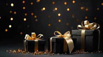 Black gift box with gold satin ribbon on dark background and bokeh Top view of birthday gift with copy space for holiday, Valentine's Day or Christmas gift. Generative AI photo