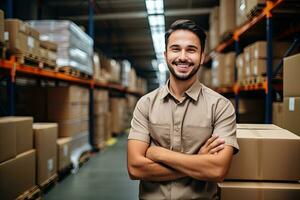 Smiling warehouse worker holding boxes in warehouse. This is a freight transportation and distribution warehouse. Industrial and industrial workers concept. Generative AI photo