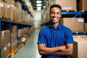 Smiling warehouse worker holding boxes in warehouse. This is a freight transportation and distribution warehouse. Industrial and industrial workers concept. Generative AI photo