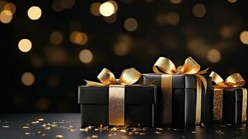 Black gift box with gold satin ribbon on dark background and bokeh Top view of birthday gift with copy space for holiday, Valentine's Day or Christmas gift. Generative AI photo