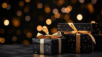 Black gift box with gold satin ribbon on dark background and bokeh Top view of birthday gift with copy space for holiday, Valentine's Day or Christmas gift. Generative AI photo