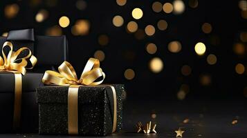 Black gift box with gold satin ribbon on dark background and bokeh Top view of birthday gift with copy space for holiday, Valentine's Day or Christmas gift. Generative AI photo