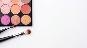 Makeup brushes and eye shadow palette on white background with copy space, top view. Generative AI photo
