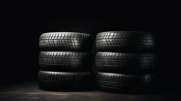 car tires on black background with light and shadow. Generative AI photo