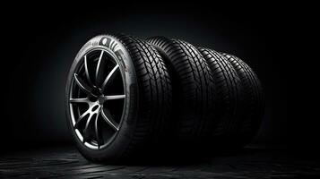 car tires on black background with light and shadow. Generative AI photo