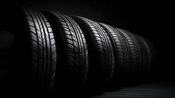 car tires on black background with light and shadow. Generative AI photo