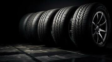 car tires on black background with light and shadow. Generative AI photo