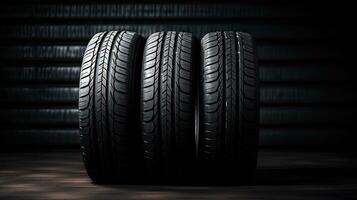 car tires on black background with light and shadow. Generative AI photo