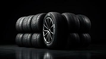 car tires on black background with light and shadow. Generative AI photo