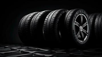 car tires on black background with light and shadow. Generative AI photo