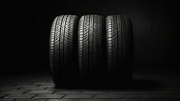 car tires on black background with light and shadow. Generative AI photo